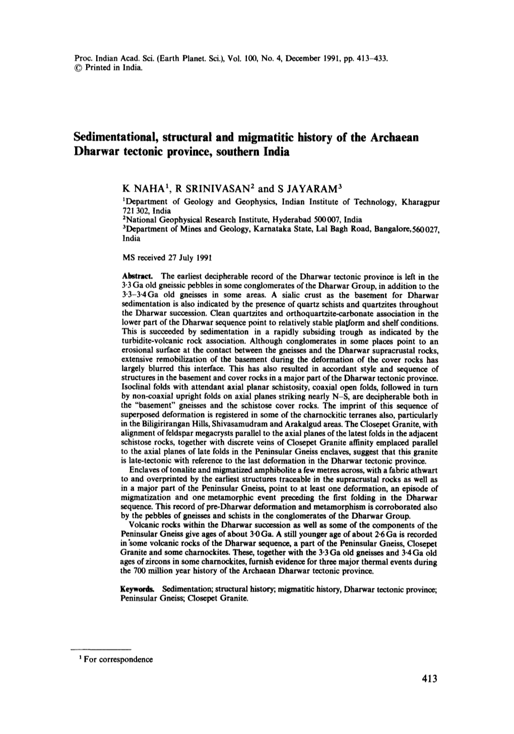 Sedimentational, Structural and Migmatitic History of the Archaean Dharwar Tectonic Province, Southern India