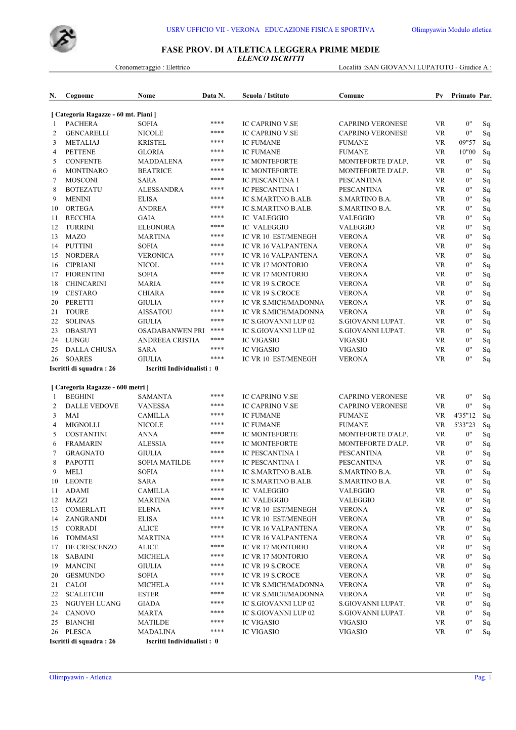 FASE PROV. DI ATLETICA LEGGERA PRIME MEDIE ELENCO ISCRITTI Cronometraggio : Elettrico Località :SAN GIOVANNI LUPATOTO - Giudice A