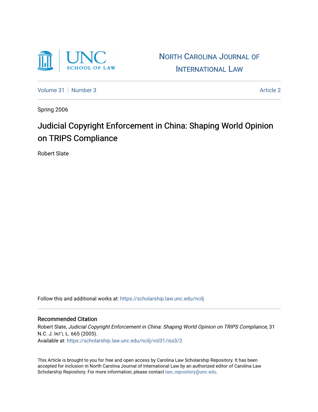 Judicial Copyright Enforcement in China: Shaping World Opinion on TRIPS Compliance