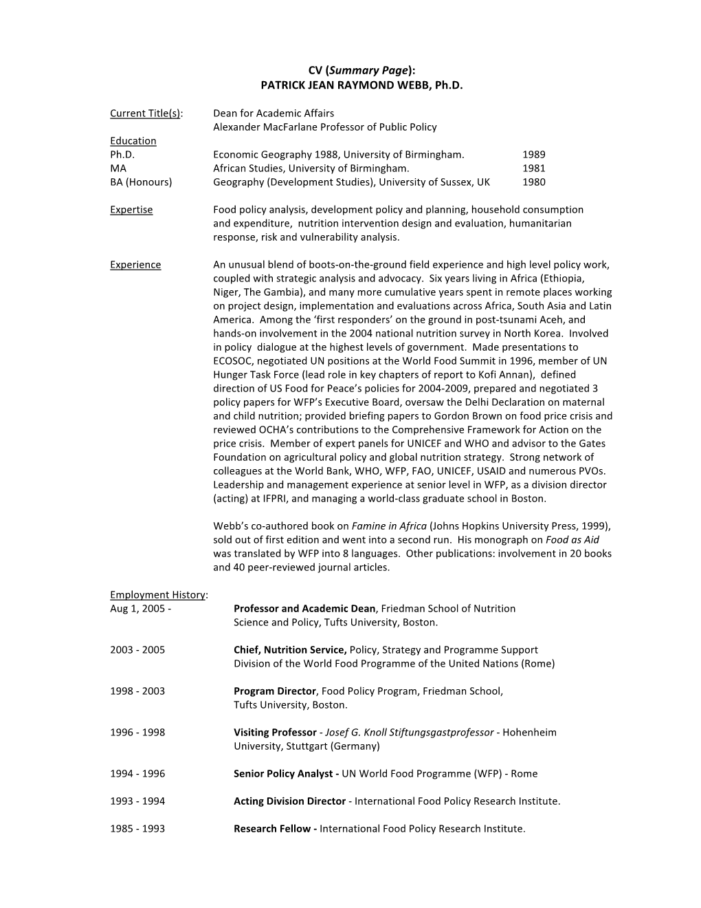 CV (Summary Page): PATRICK JEAN RAYMOND WEBB, Ph.D