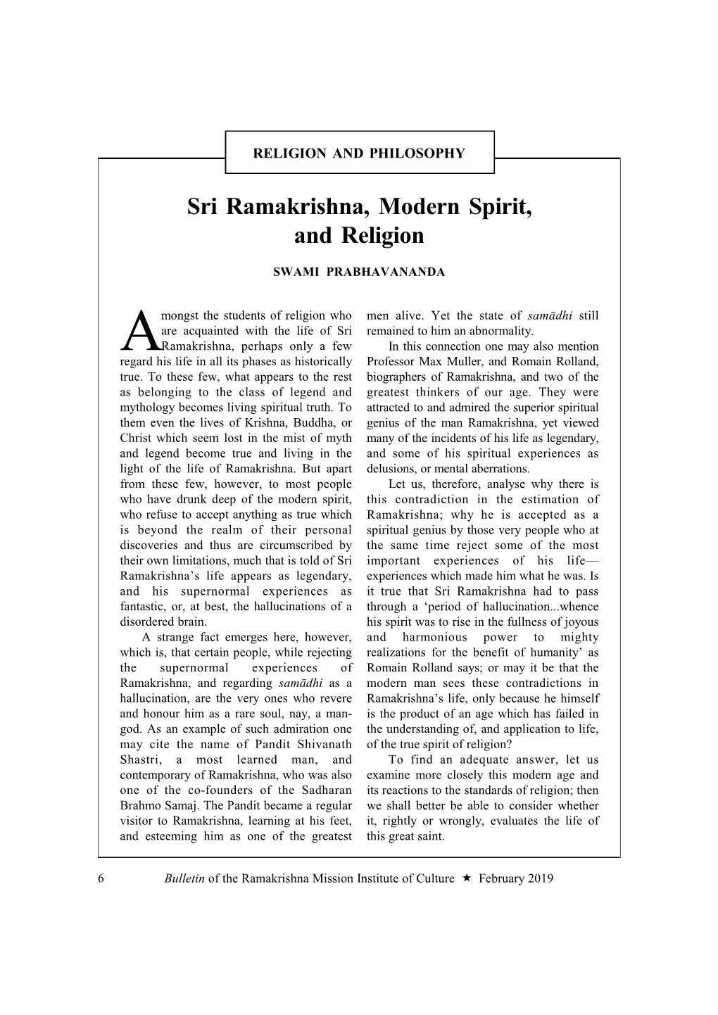 Sri Ramakrishna, Modern Spirit, and Religion