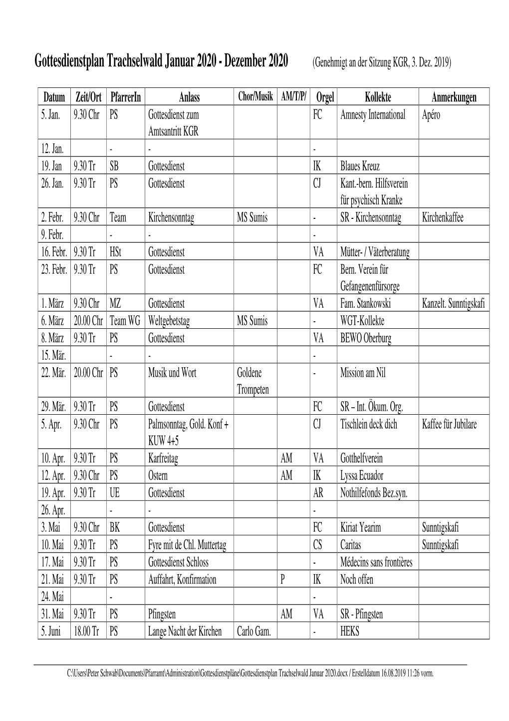 Gottesdienstplan Trachselwald Januar 2020 - Dezember 2020 (Genehmigt an Der Sitzung KGR, 3