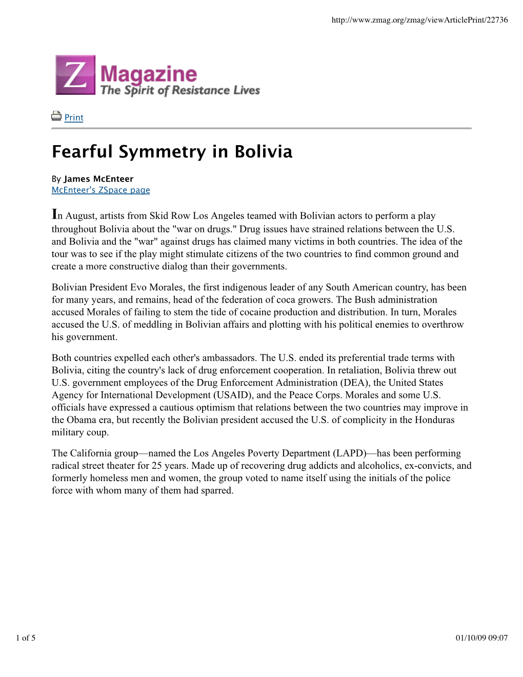 2009 Zmagazine – Fearful Symmetry in Bolivia