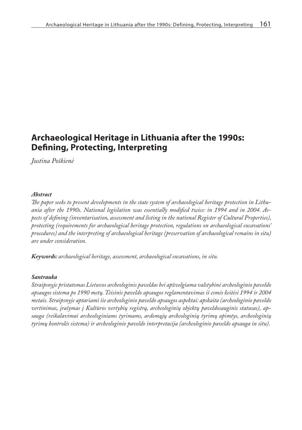 Archaeological Heritage in Lithuania After the 1990S: Defining, Protecting, Interpreting 161