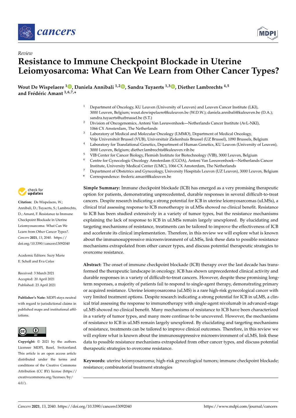 Resistance to Immune Checkpoint Blockade in Uterine Leiomyosarcoma: What Can We Learn from Other Cancer Types?