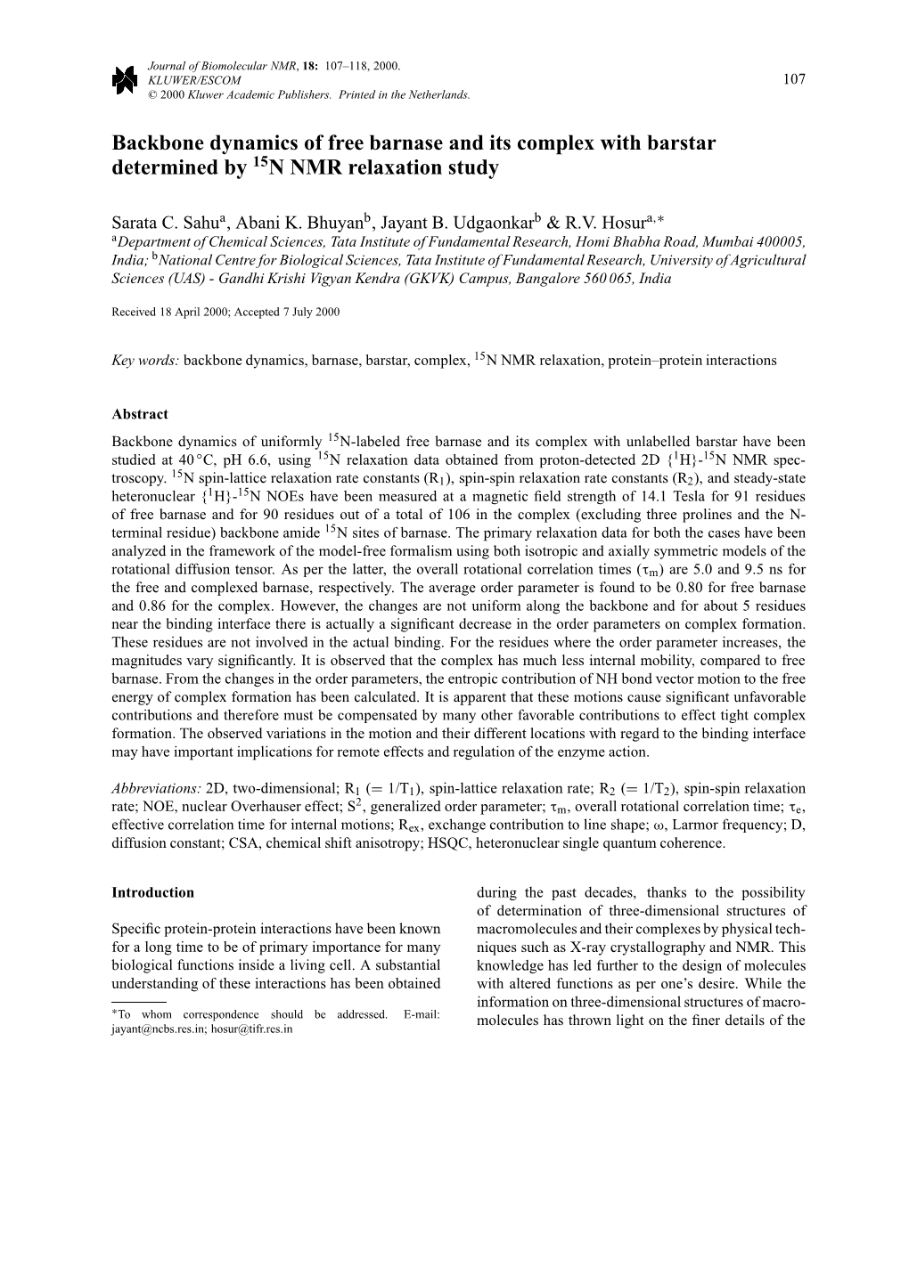 Backbone Dynamics of Free Barnase and Its Complex with Barstar Determined by 15N NMR Relaxation Study