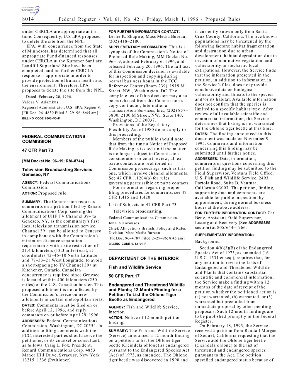 Federal Register / Vol. 61, No. 42 / Friday, March 1, 1996 / Proposed