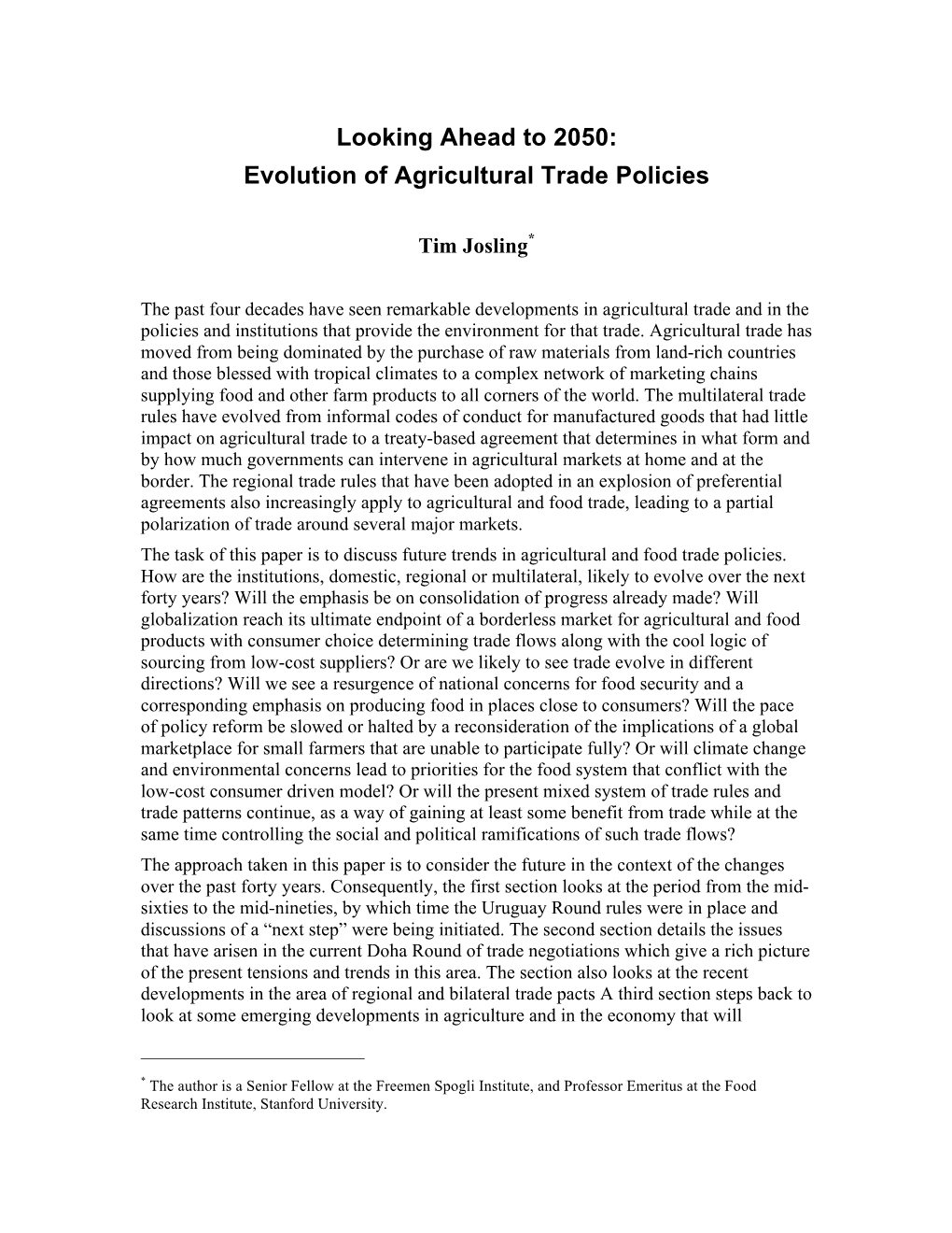 Looking Ahead to 2050: Evolution of Agricultural Trade Policies