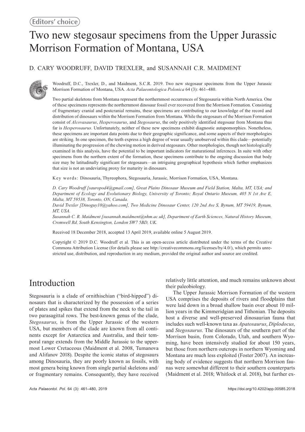 Two New Stegosaur Specimens from the Upper Jurassic Morrison Formation of Montana, USA