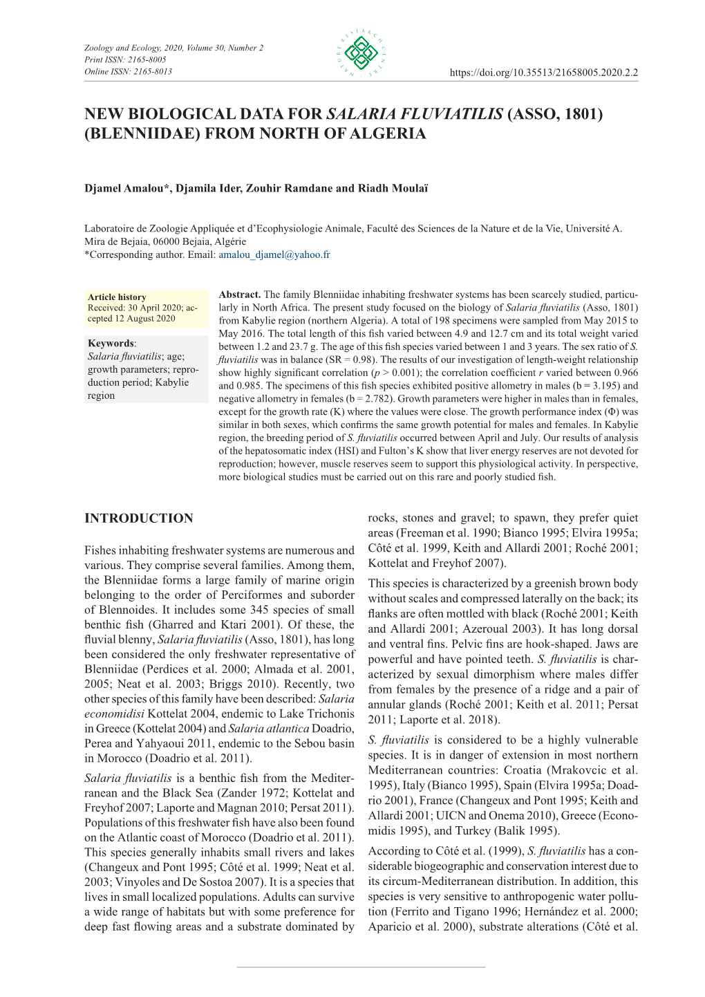 New Biological Data for Salaria Fluviatilis (Asso, 1801) (Blenniidae) from North of Algeria