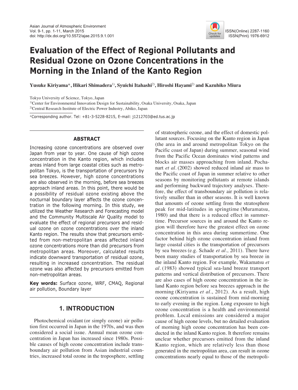 Evaluation of the Effect of Regional Pollutants and Residual Ozone on Ozone Concentrations in the Morning in the Inland of the Kanto Region