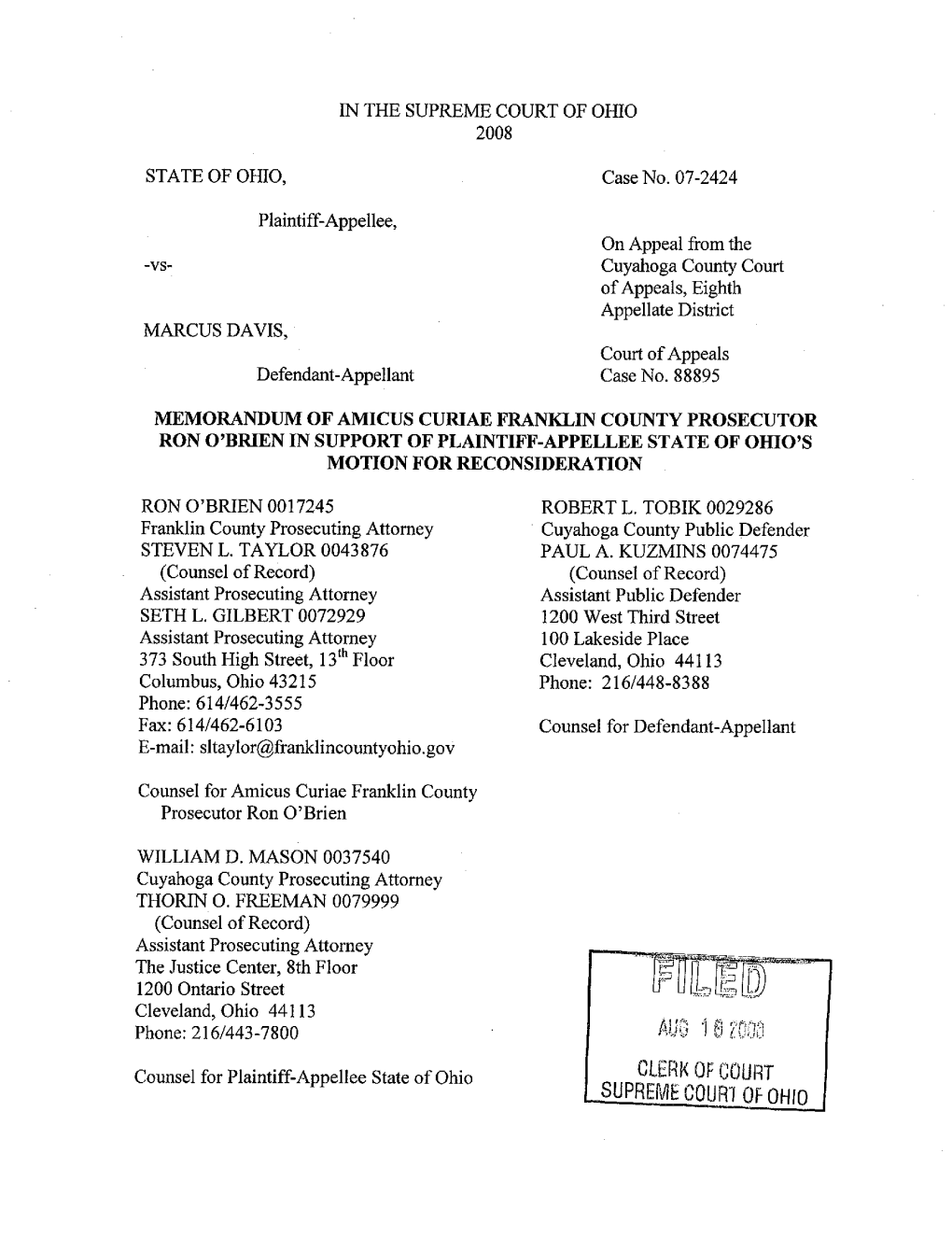 IN the SUPREME COURT of OHIO 2008 STATE of OHIO, Case No. 07
