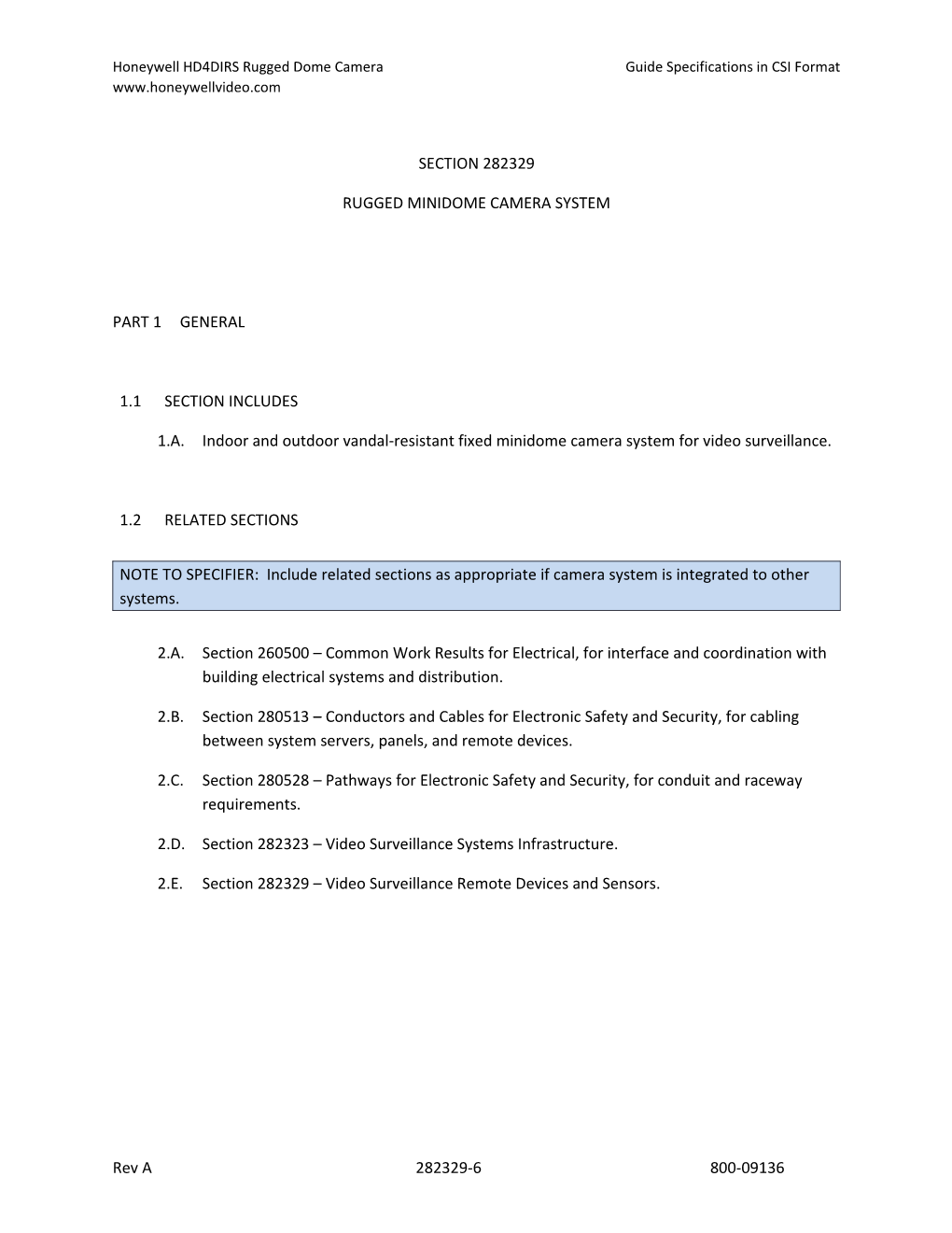 Section 282329 - Rugged Minidome Camera System