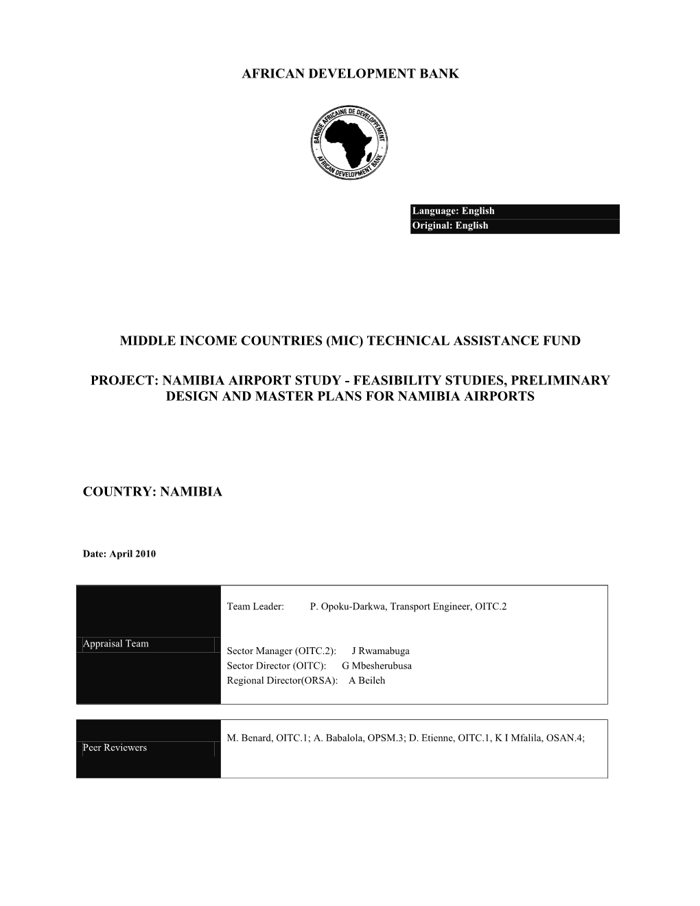 Namibia Airport Study - Feasibility Studies, Preliminary Design and Master Plans for Namibia Airports