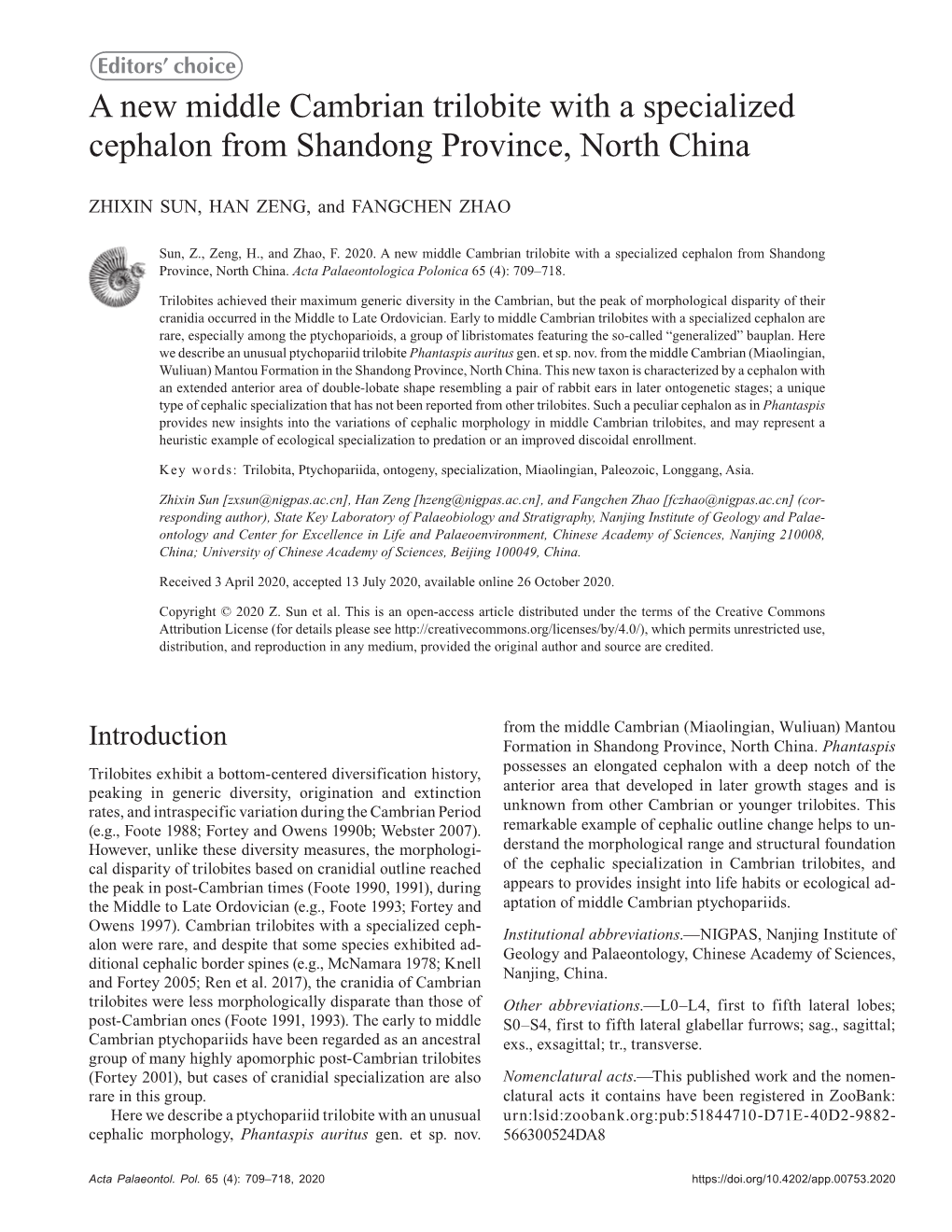 A New Middle Cambrian Trilobite with a Specialized Cephalon from Shandong Province, North China