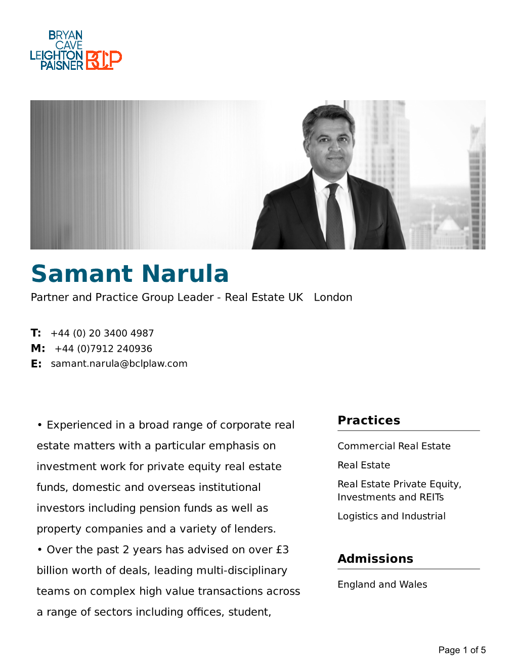 Samant Narula Partner and Practice Group Leader - Real Estate UK London