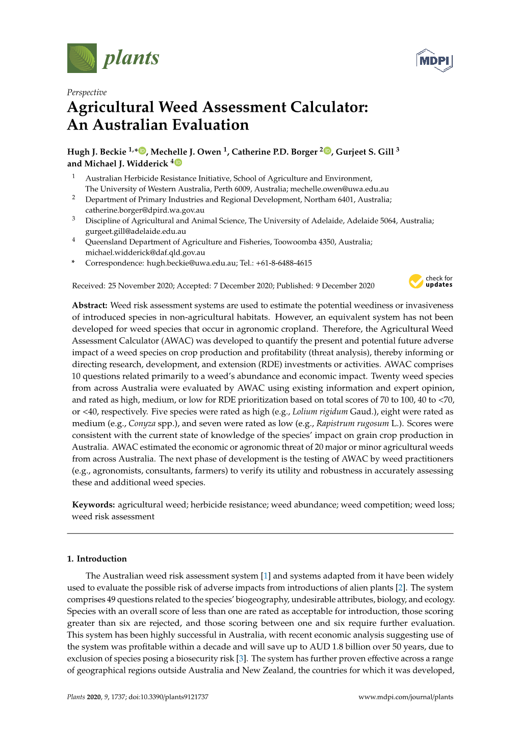 Agricultural Weed Assessment Calculator: an Australian Evaluation