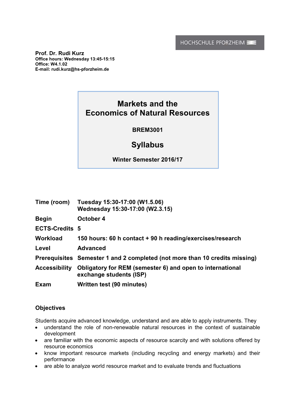 Markets and the Economics of Natural Resources Syllabus