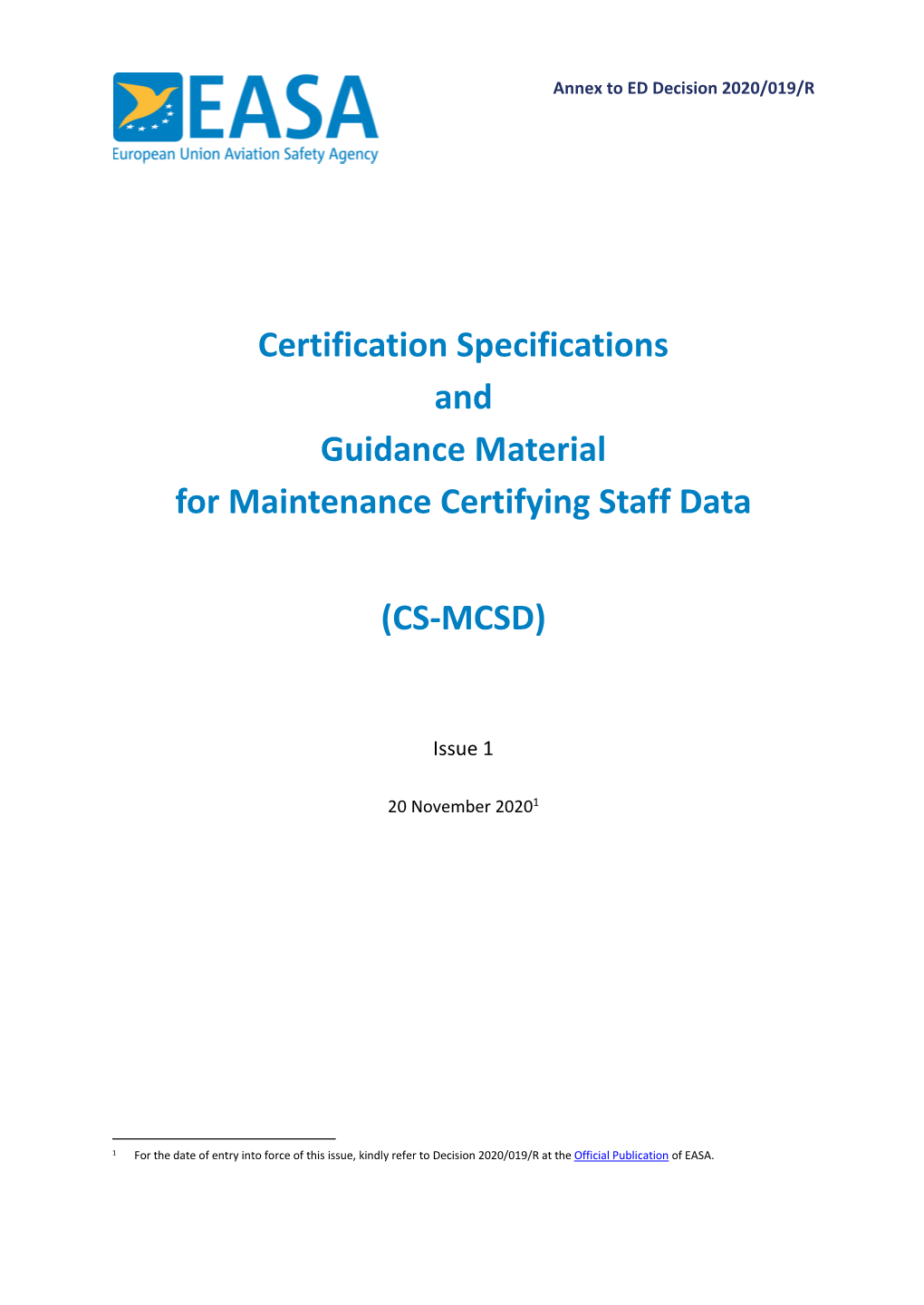 Certification Specifications for Maintenance Certifying Staff Data