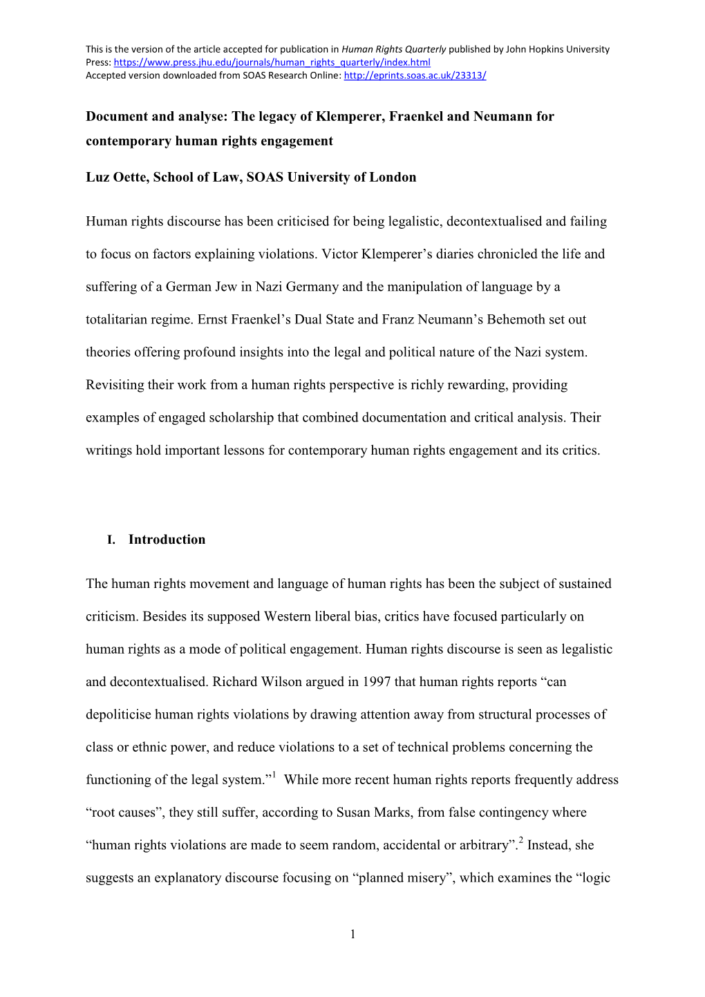 Document and Analyse: the Legacy of Klemperer, Fraenkel and Neumann for Contemporary Human Rights Engagement Luz Oette, School O