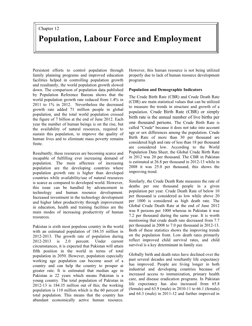 Population, Labour Force and Employment