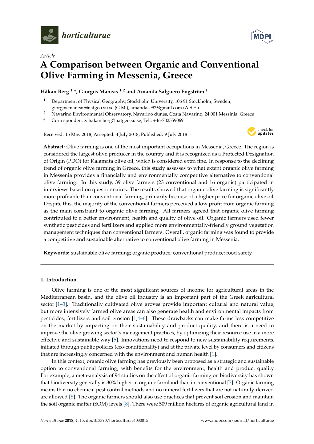 A Comparison Between Organic and Conventional Olive Farming in Messenia, Greece