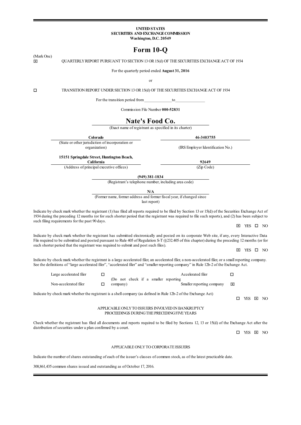 Nate's Food Co. | Quarterly Report | Form 10-Q | 2016-08-31