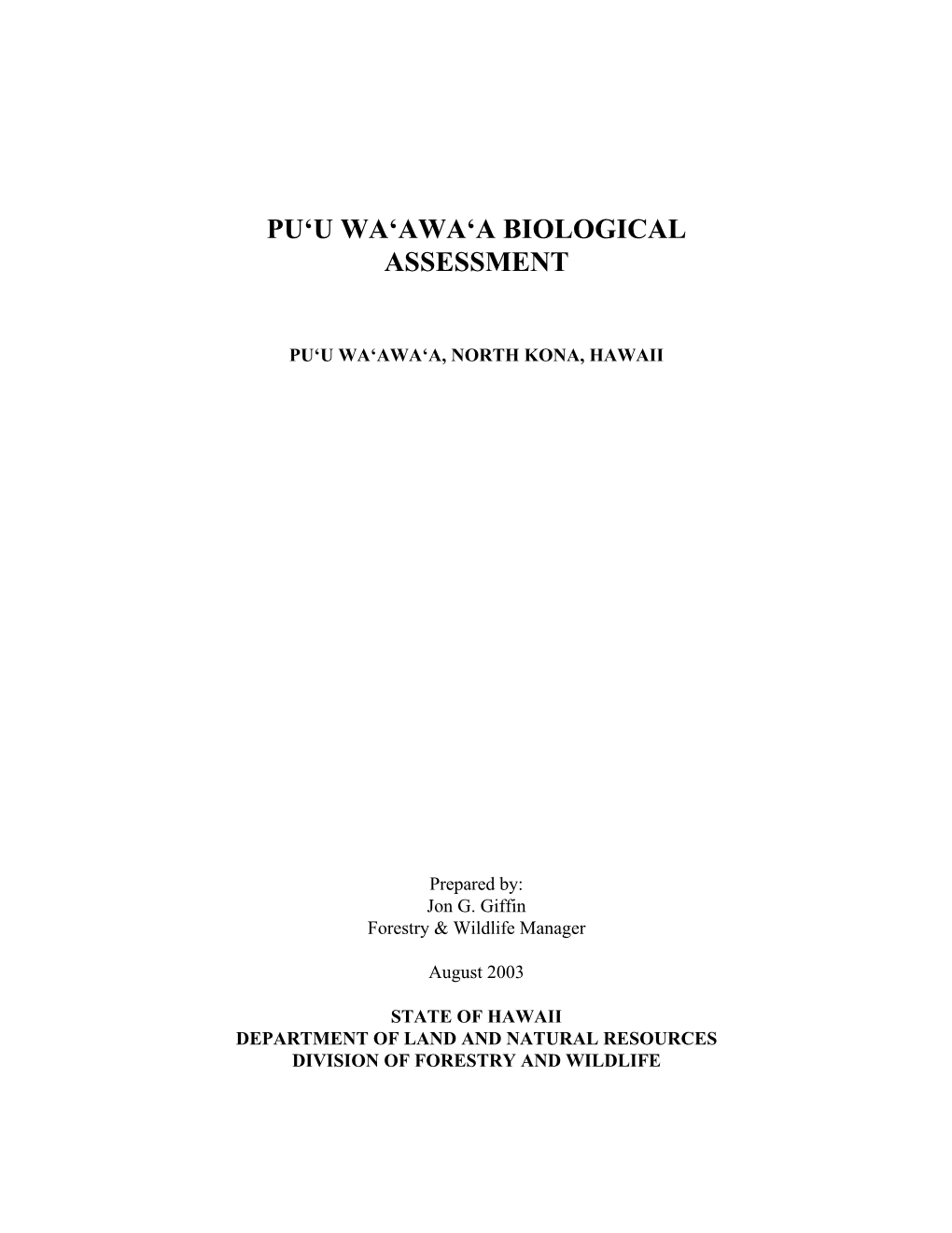 Pu'u Wa'awa'a Biological Assessment