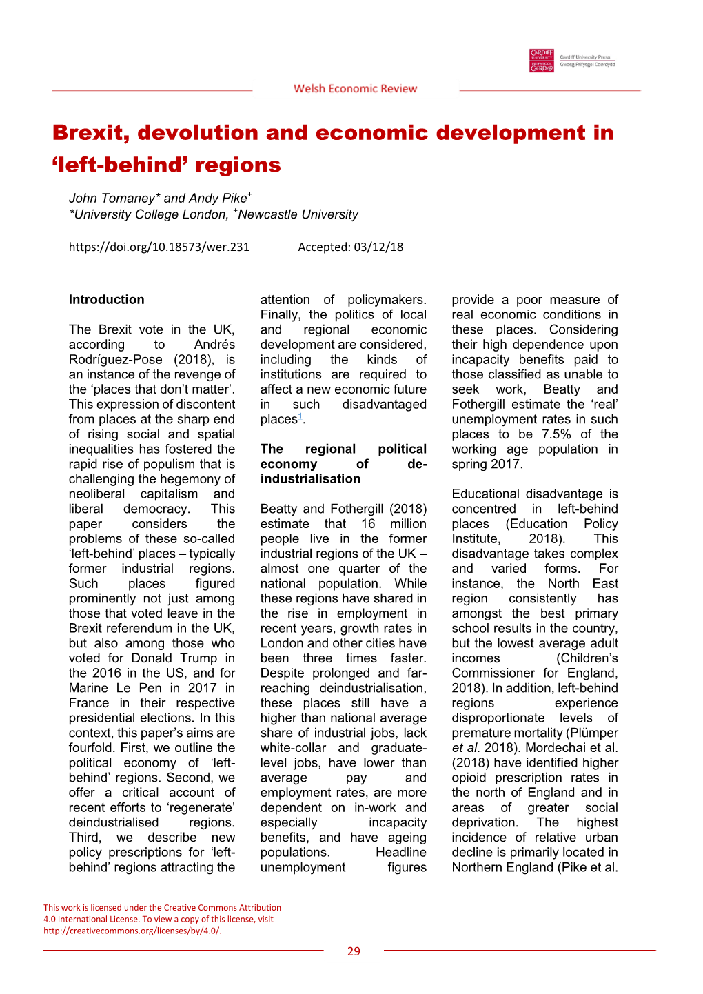 Brexit, Devolution and Economic Development in 'Left-Behind' Regions