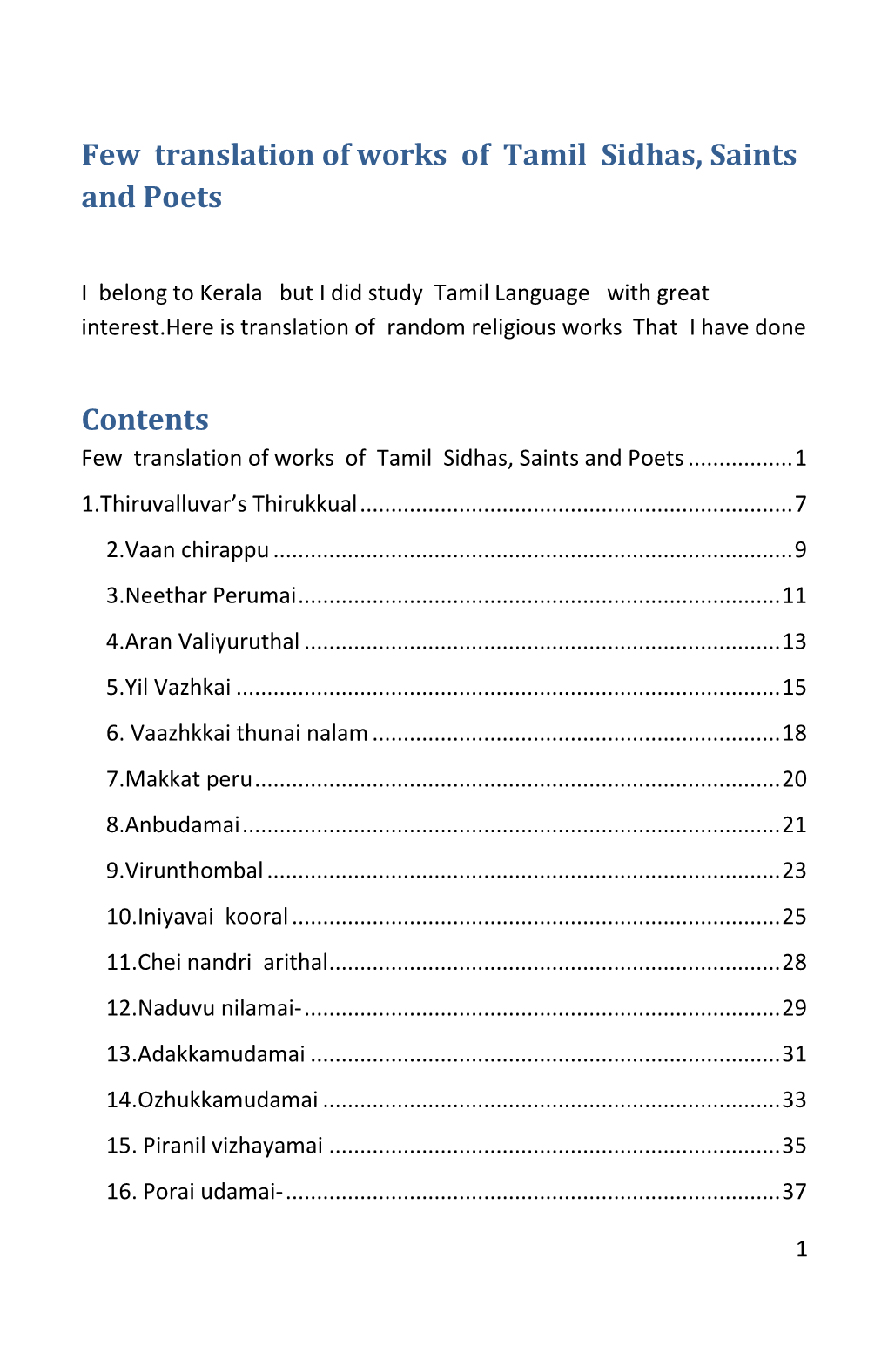 Few Translation of Works of Tamil Sidhas, Saints and Poets Contents