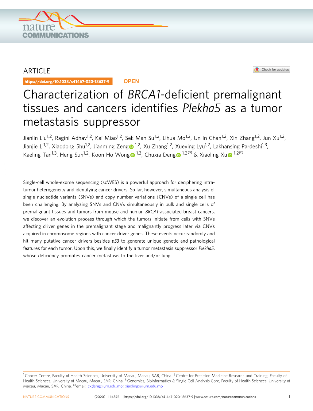 Characterization of BRCA1-Deficient Premalignant Tissues and Cancers Identifies Plekha5 As a Tumor Metastasis Suppressor