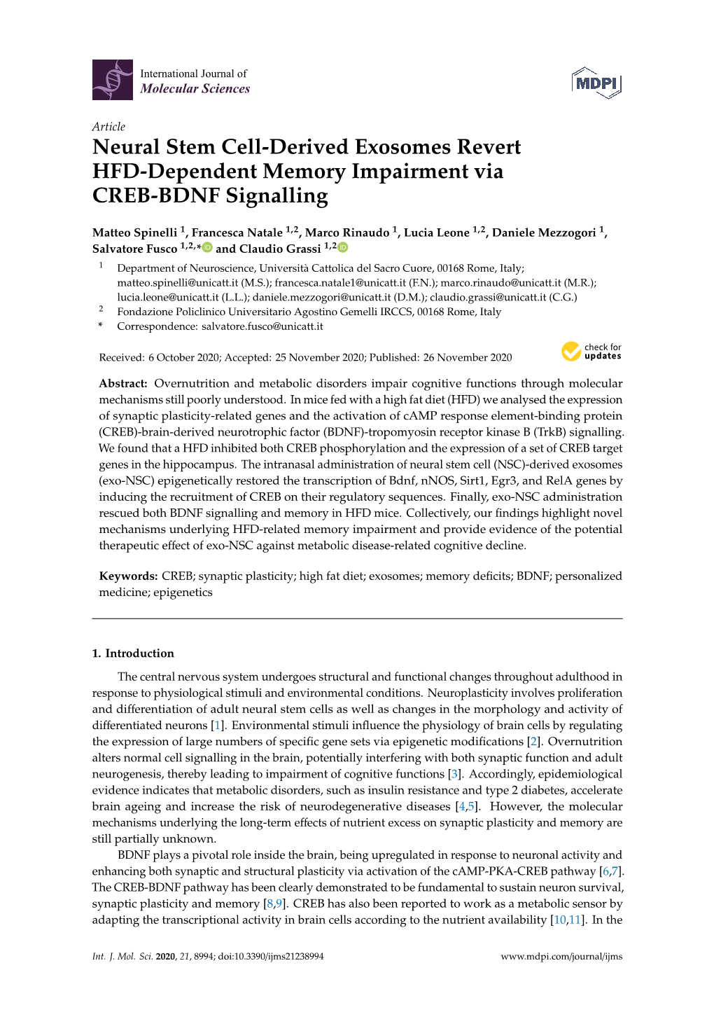 Neural Stem Cell-Derived Exosomes Revert HFD-Dependent Memory Impairment Via CREB-BDNF Signalling