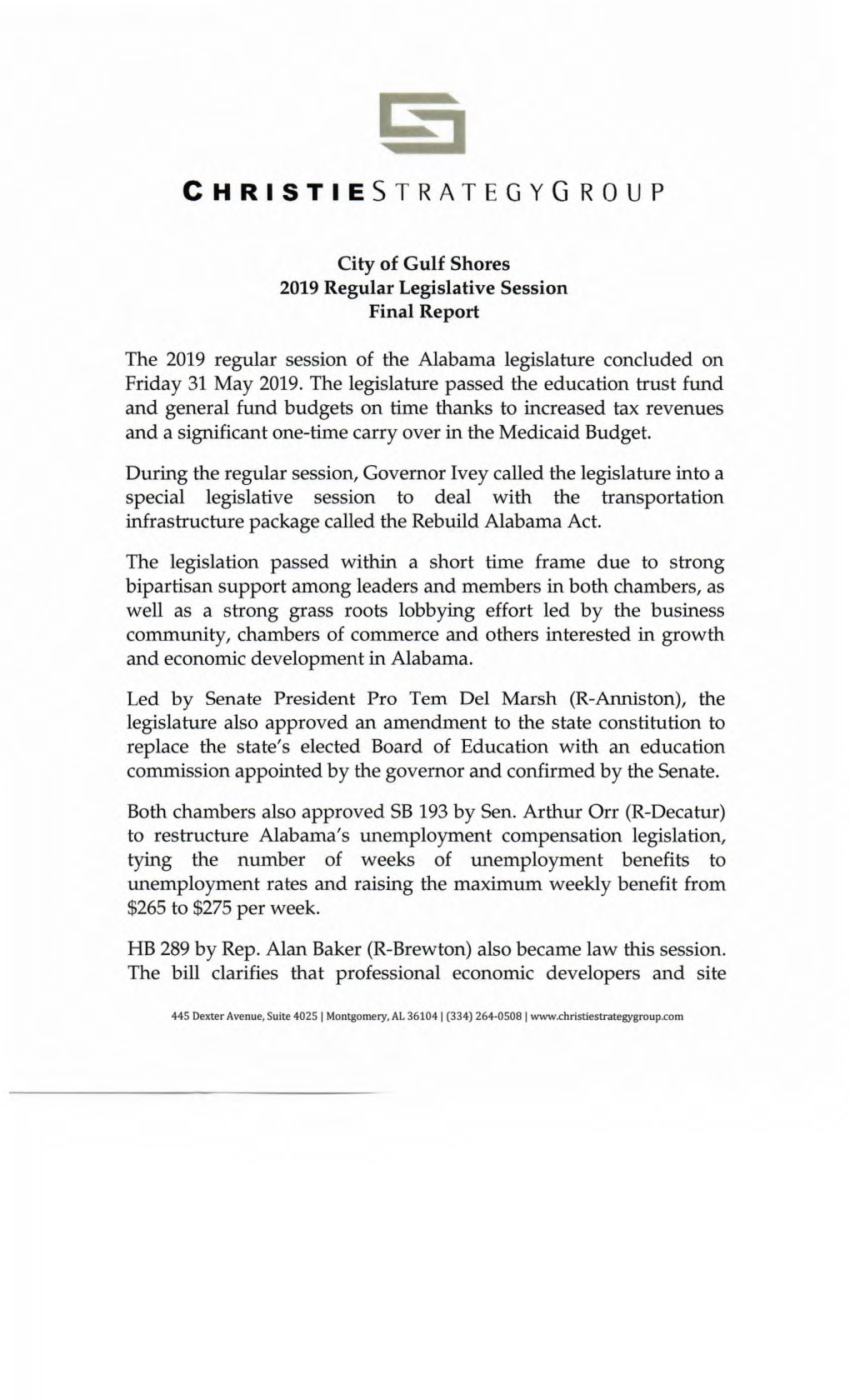 2019 Regular Legislative Session Final Report