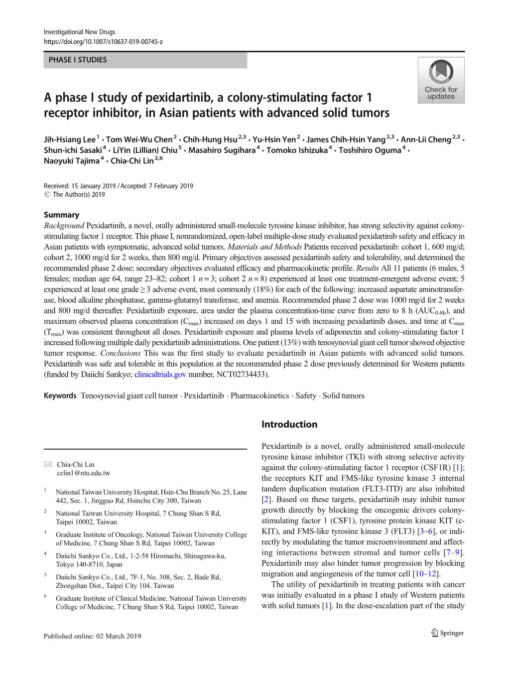 A Phase I Study of Pexidartinib, a Colony-Stimulating Factor 1 Receptor Inhibitor, in Asian Patients with Advanced Solid Tumors