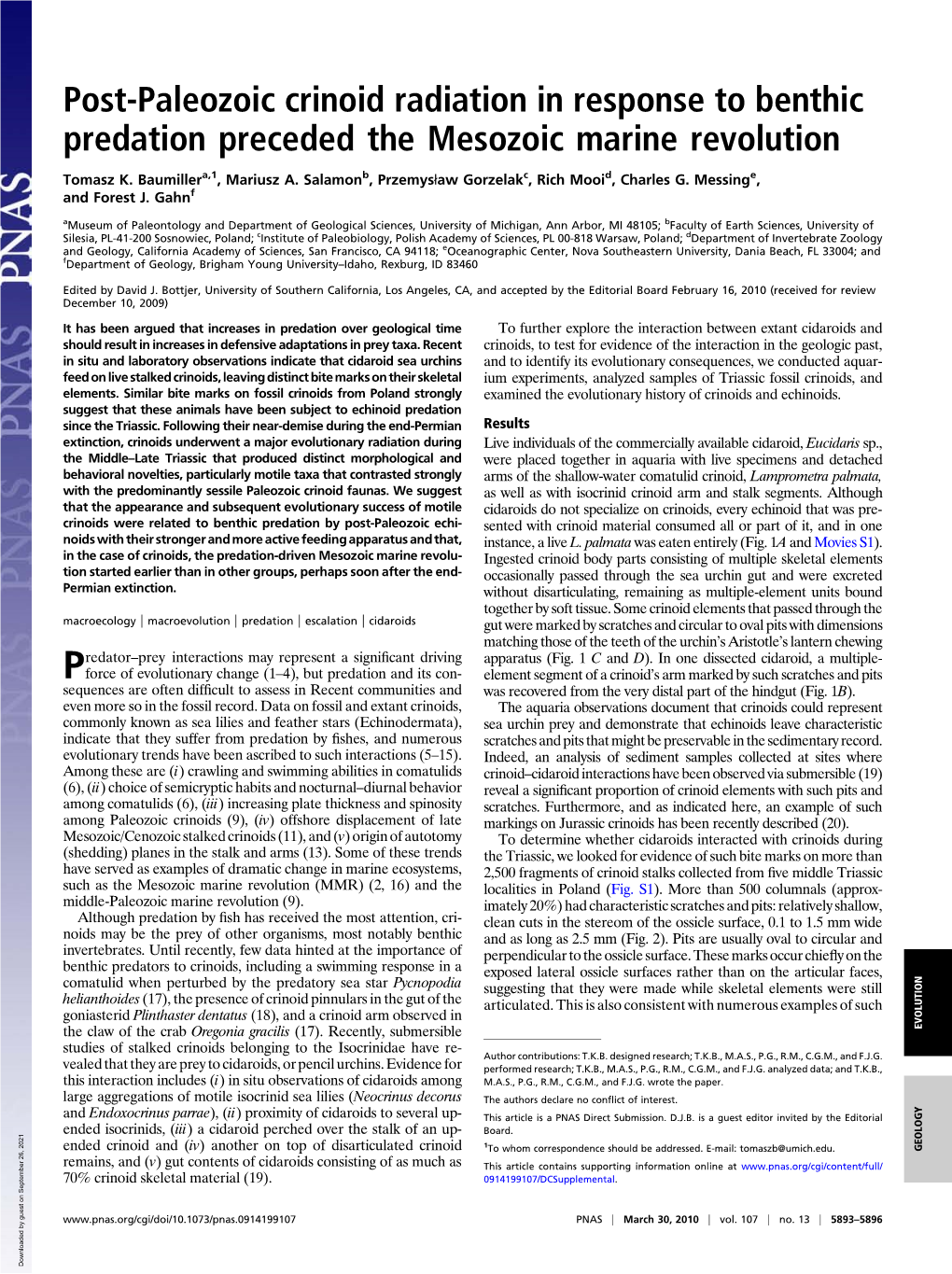 Post-Paleozoic Crinoid Radiation in Response to Benthic Predation Preceded the Mesozoic Marine Revolution