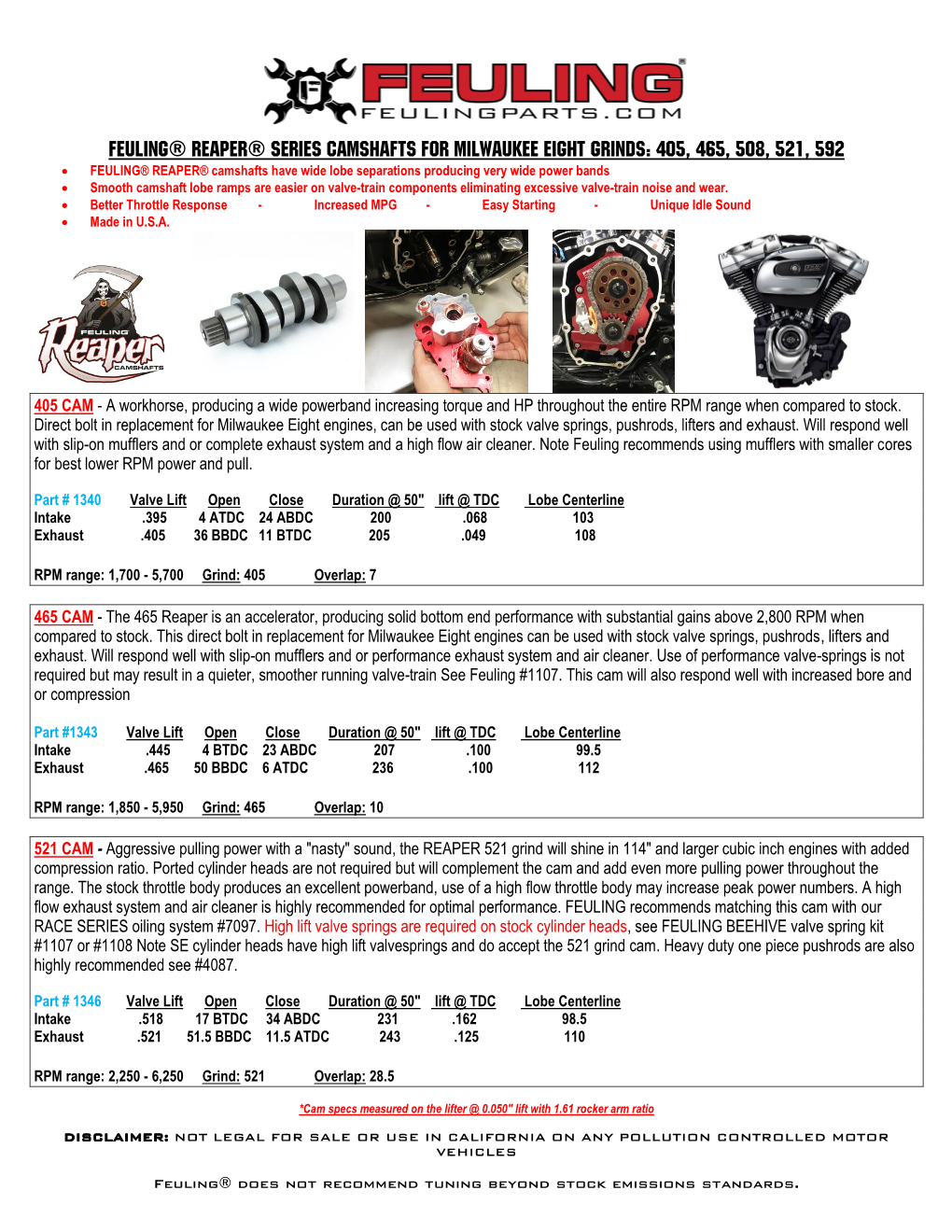 Feuling® Reaper® Series Camshafts for Milwaukee Eight Grinds: 405, 465, 508, 521