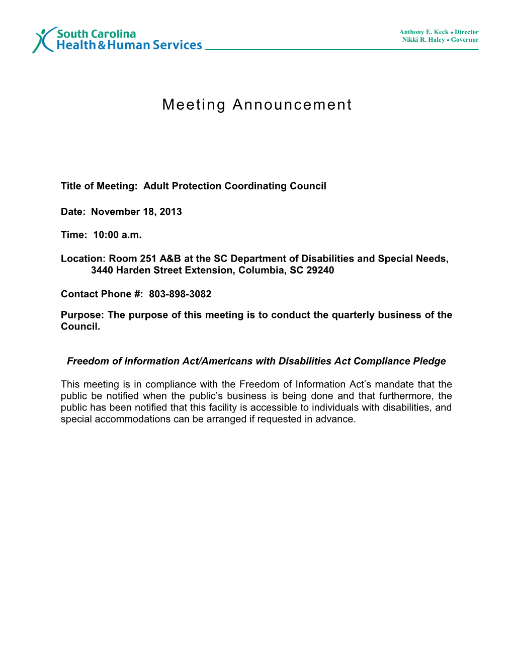 Title of Meeting: Adult Protection Coordinating Council