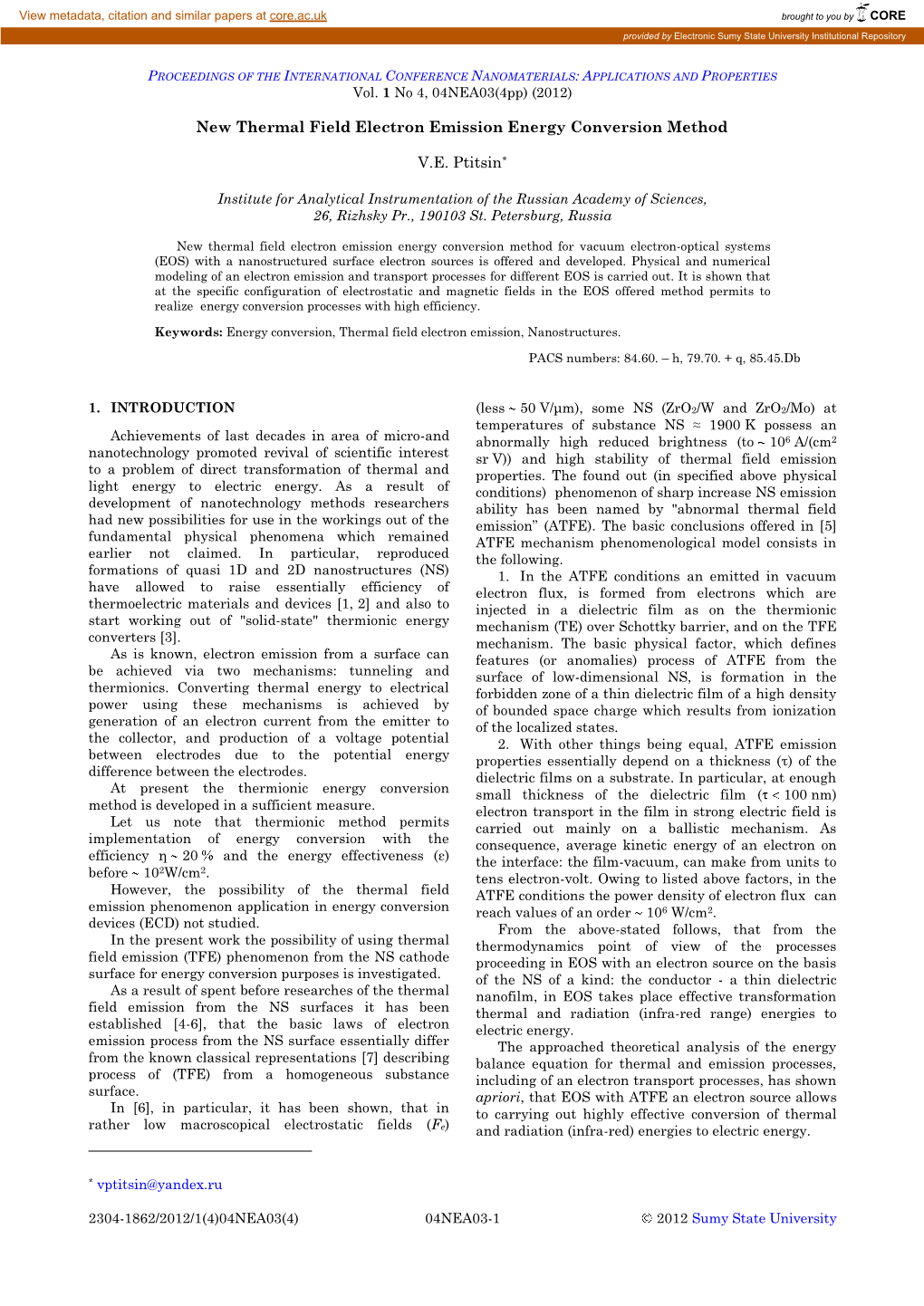 New Thermal Field Electron Emission Energy Conversion Method VE Ptitsin