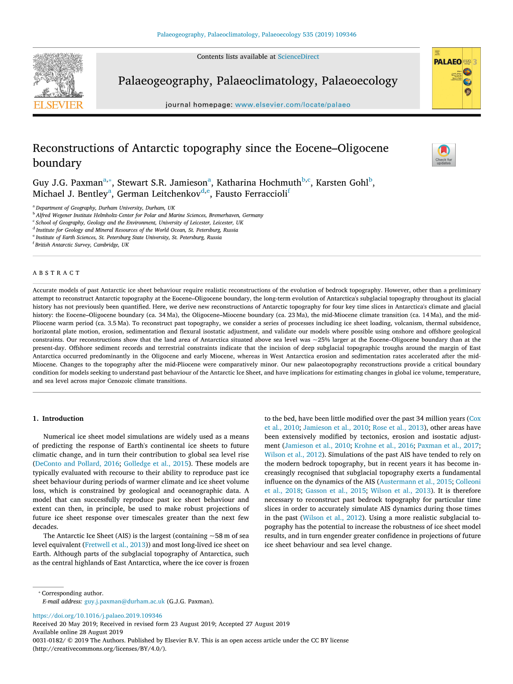 Reconstructions of Antarctic Topography Since the Eocene–Oligocene T Boundary ⁎ Guy J.G