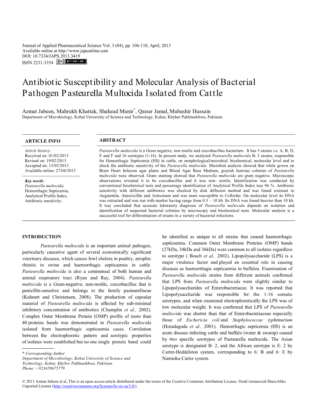 Pasteurella Multocida Isolated from Cattle