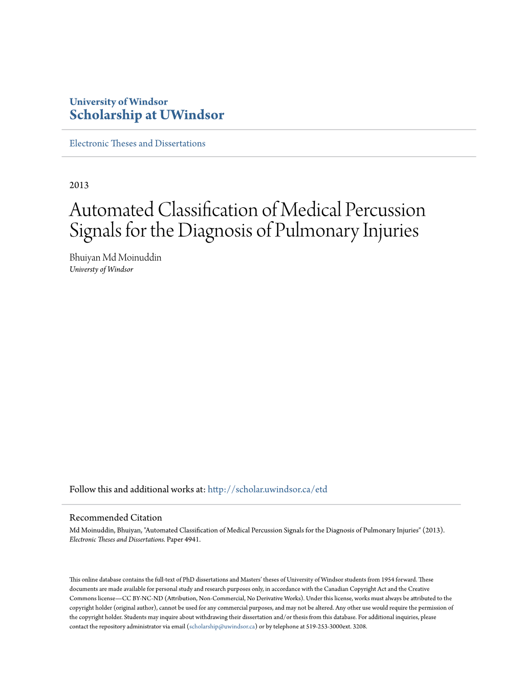 Automated Classification of Medical Percussion Signals for the Diagnosis of Pulmonary Injuries Bhuiyan Md Moinuddin Universty of Windsor