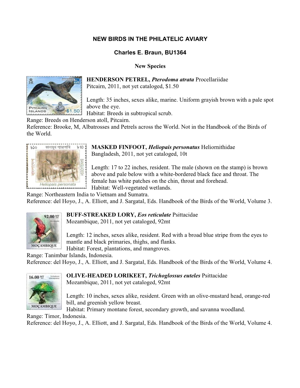 NEW BIRDS in the PHILATELIC AVIARY Charles E. Braun