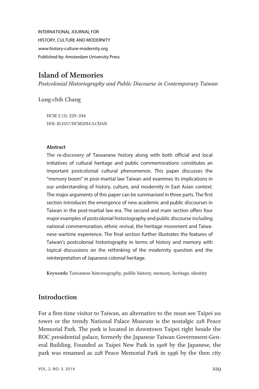 Island of Memories Postcolonial Historiography and Public Discourse in Contemporary Taiwan