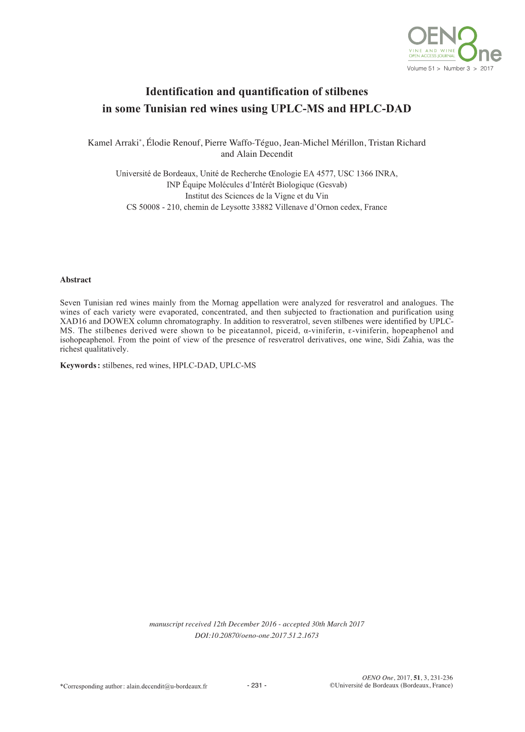 Identification and Quantification of Stilbenes in Some Tunisian Red Wines Using UPLC-MS and HPLC-DAD