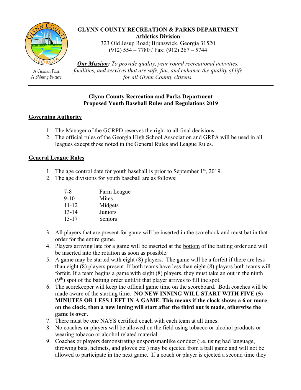 Glynn County Recreation and Parks Department Proposed Youth Baseball Rules and Regulations 2019