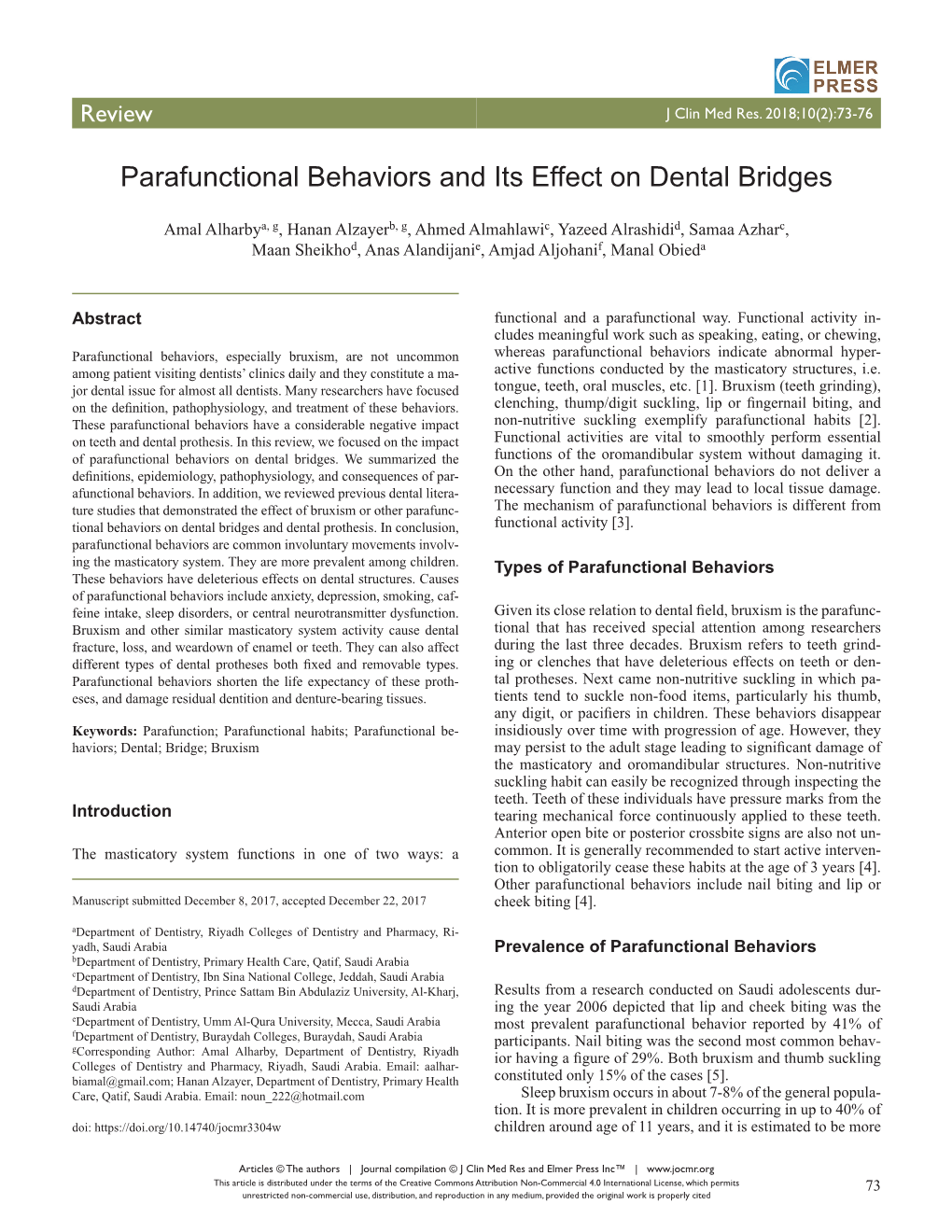 Parafunctional Behaviors and Its Effect on Dental Bridges