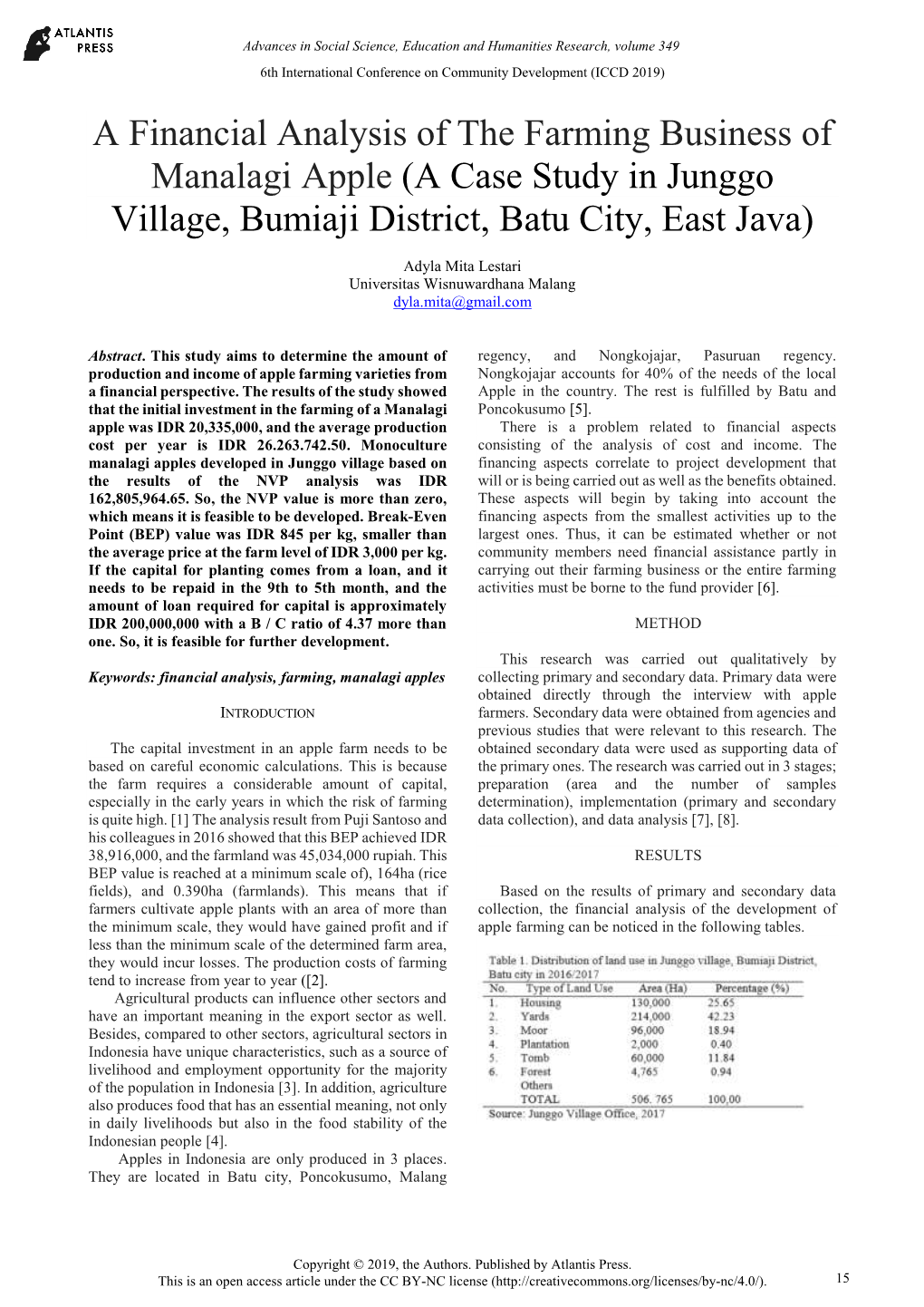 A Financial Analysis of the Farming Business of Manalagi Apple (A Case Study in Junggo Village, Bumiaji District, Batu City, East Java)