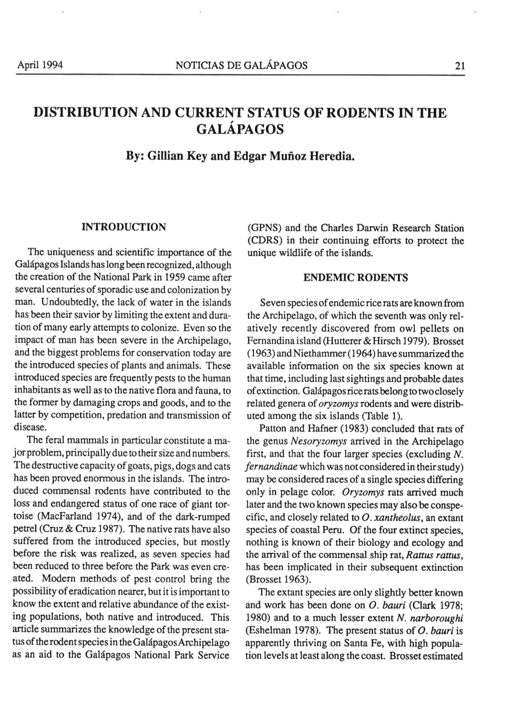 Distribution and Current Status of Rodents in the Galapagos