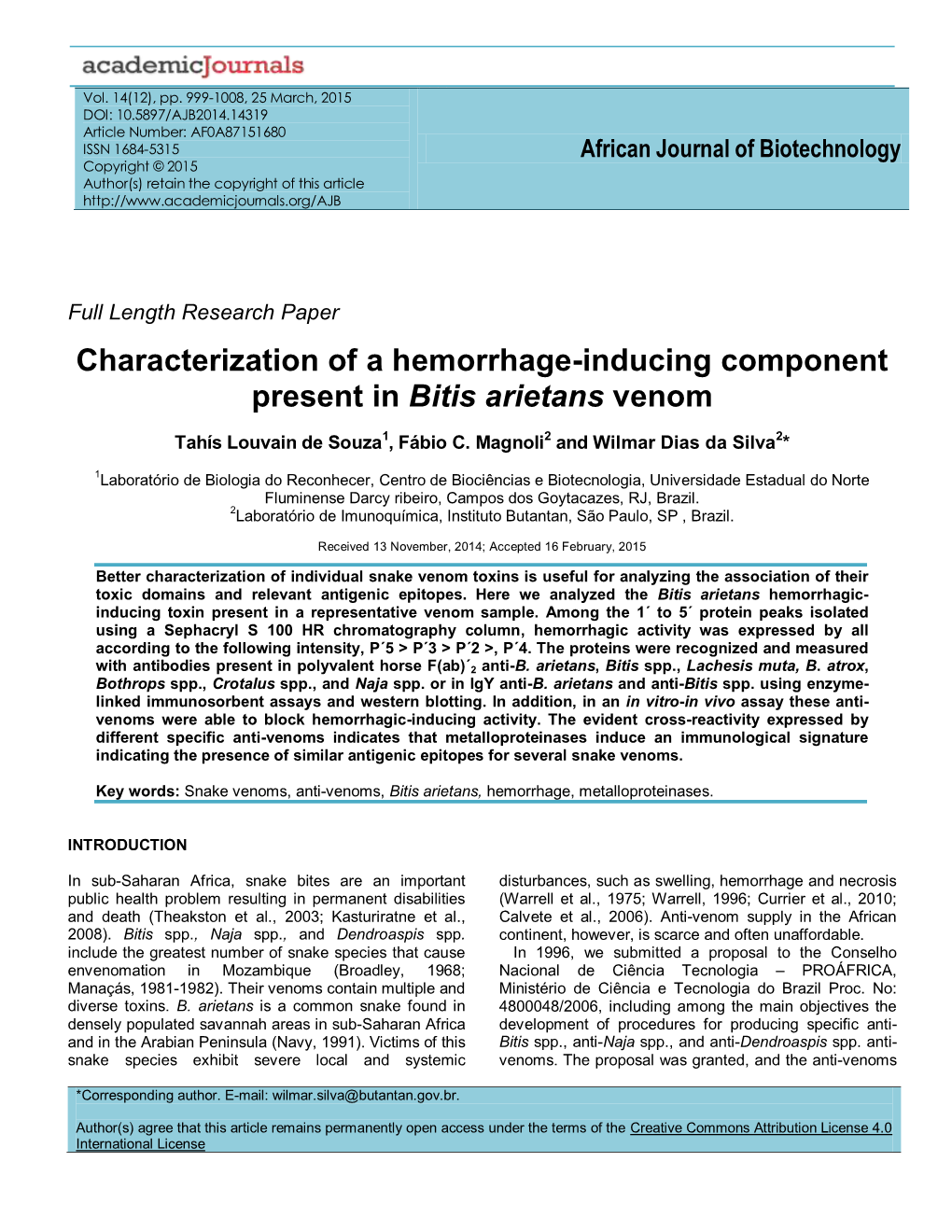 Characterization of a Hemorrhage-Inducing Component Present in Bitis Arietans Venom