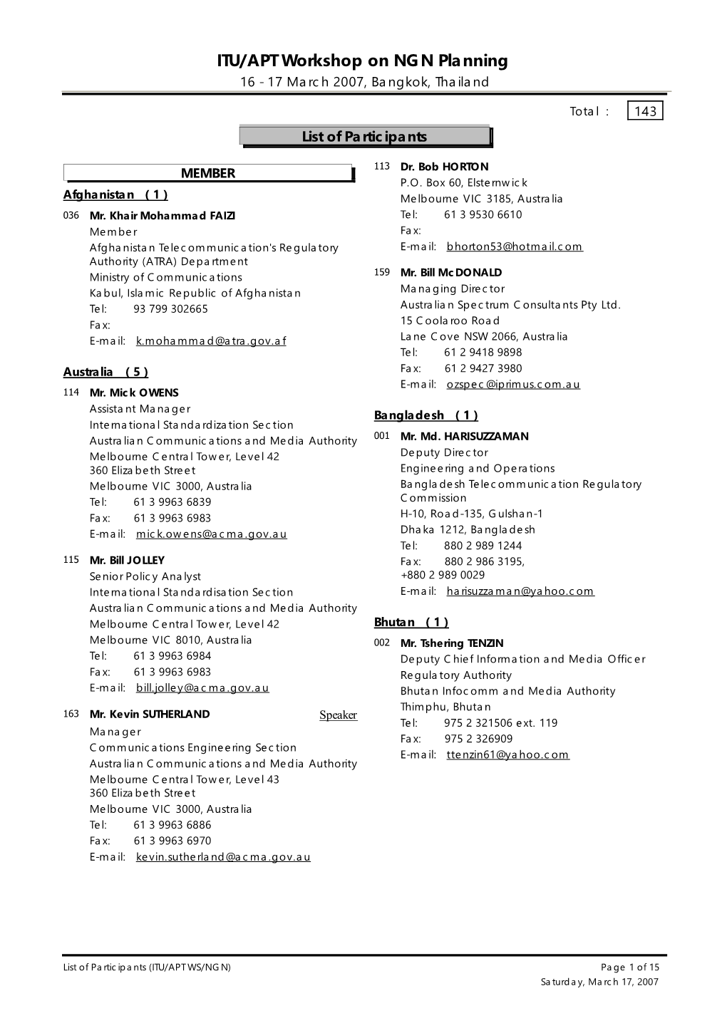 Provisional Participants (ITU/APT WS/NGN)